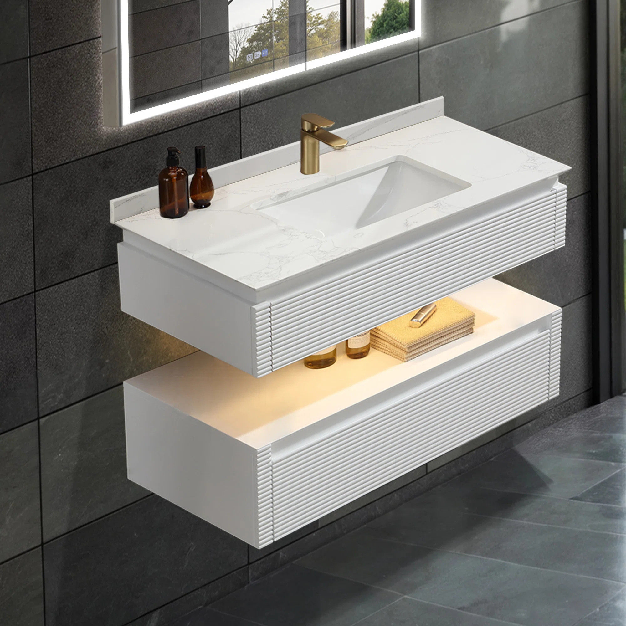 Solid wood 36'' Modern Wall Mounted Single Bathroom Vanity with Engineered Marble Top and Light | Wayfair North America