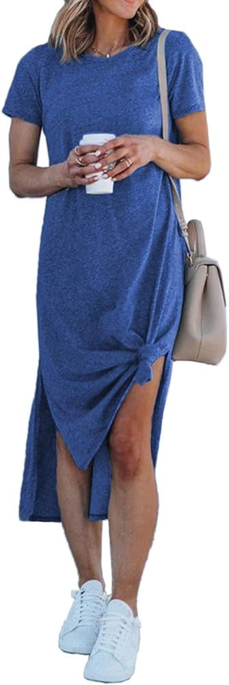 Alaster Women’s Casual T-Shirt Midi Dress Short Sleeve Summer High Splits Dress with Pocket High Low | Amazon (US)