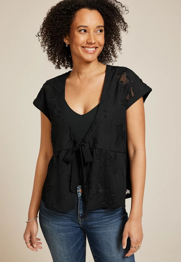 Studio Y Jacquard Front Tie Peplum Cardigan | Maurices