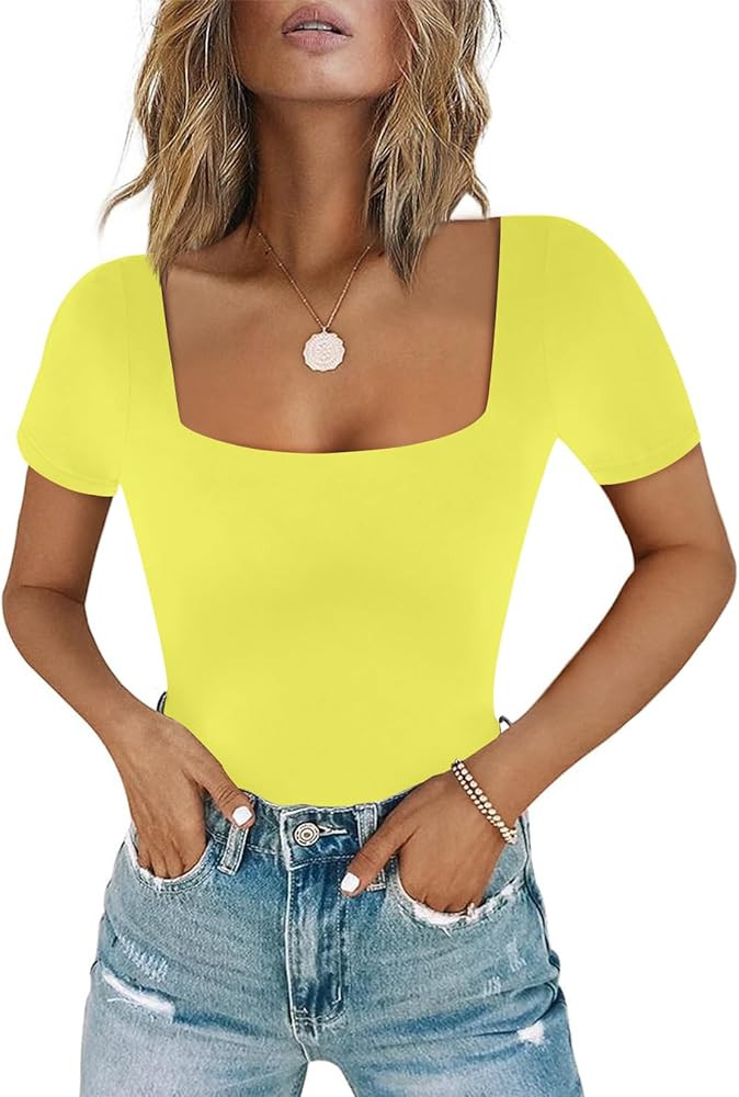 Chunpin Women's Sexy Square Neck Short Sleeve Bodysuit Tops Double Lined Slim Fitted Thong Body s... | Amazon (US)