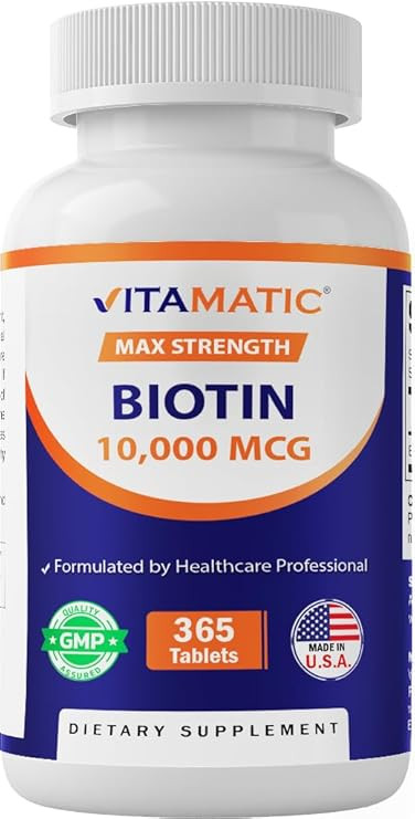 Vitamatic Biotin 10,000 mcg (10 mg) for Stronger Hair, Skin & Nails - 365 Vegan Tablets- Also Cal... | Amazon (US)