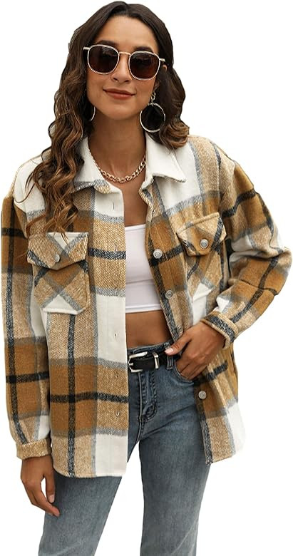 Qiaomai Womens Plaid Long Sleeve Lapel Button Short Pocketed Flannel Shacket Overshirt | Amazon (US)
