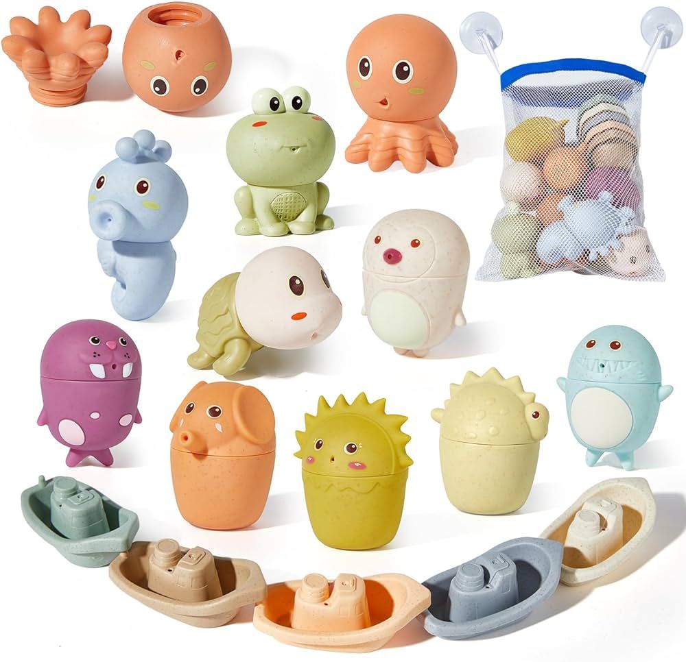 Silicone Animal Bath Toys with Floating Boats for Toddlers 1-3, 15 PCS Mold Free Bathtub Toy for ... | Amazon (US)