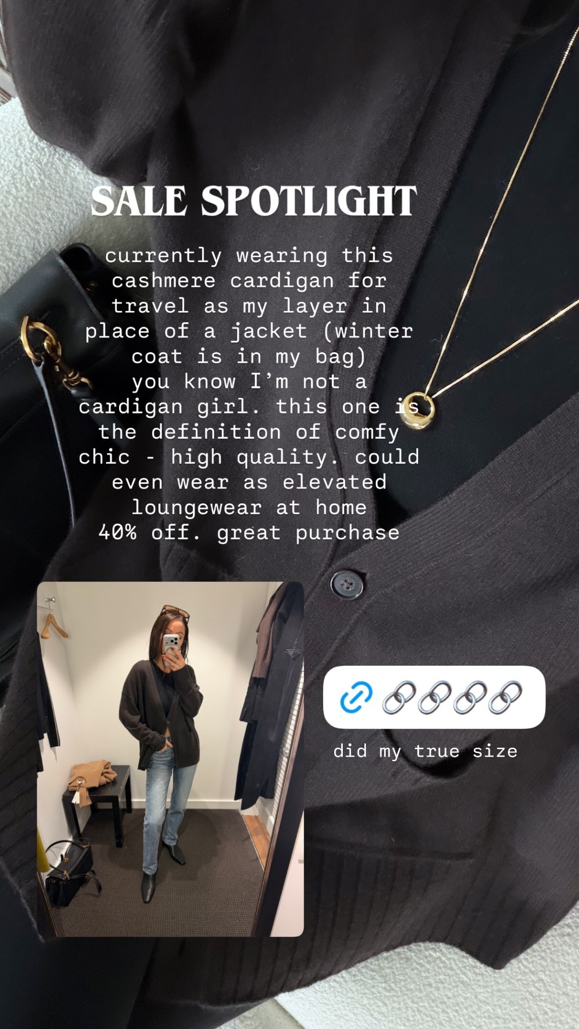 SALE SPOTLIGHT currently wearing this cashmere cardigan for travel as my layer in place of a jacket (winter coat is in my bag)
you know I’m not a cardigan girl. this one is the definition of comfy chic - high quality. could even wear as elevated loungewear at home 
40% off. great purchase  did my true size