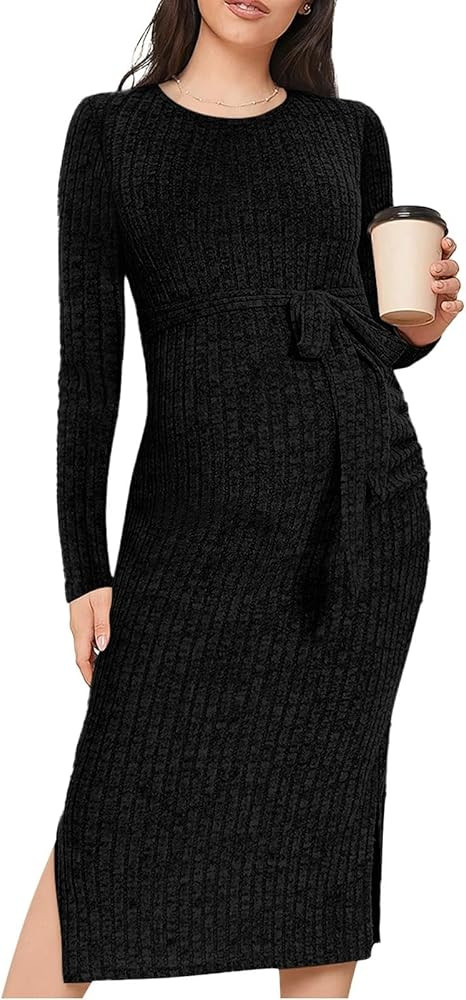Crewneck Maternity Sweater Dress Rib Knit Long Sleeve Slit Pregnancy Dress Clothes with Belt | Amazon (US)