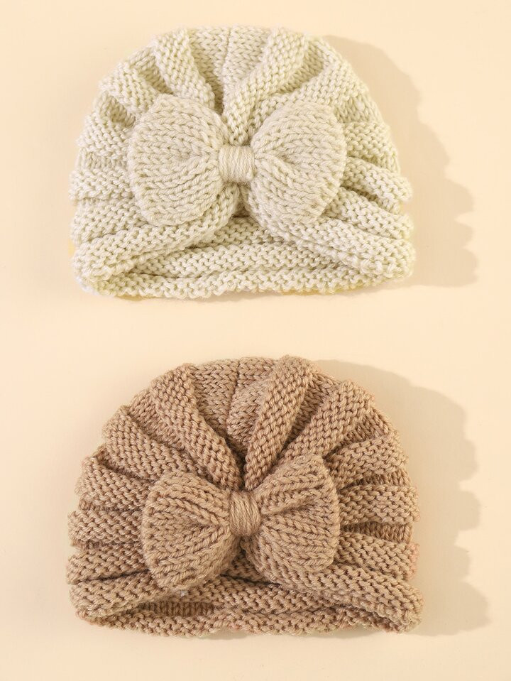 2pcs Baby Knitted Hats With Bowknot Decor For Autumn And Winter | SHEIN