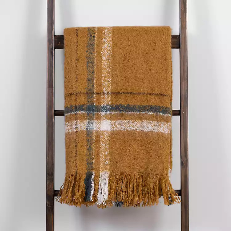 Ochre Fall Plaid Fringed Mohair Throw | Kirkland's Home