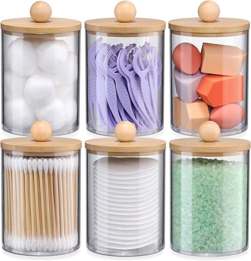 6 Pack Qtip Holder Dispenser Set with Bamboo Lids, Bathroom Canister Accessories, Storage Organiz... | Amazon (US)