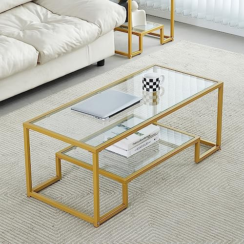 Golden Metal Glass Coffee Table - Two-Tiered with Tempered Glass, Stylish Metal Frame Coffee Tabl... | Amazon (US)