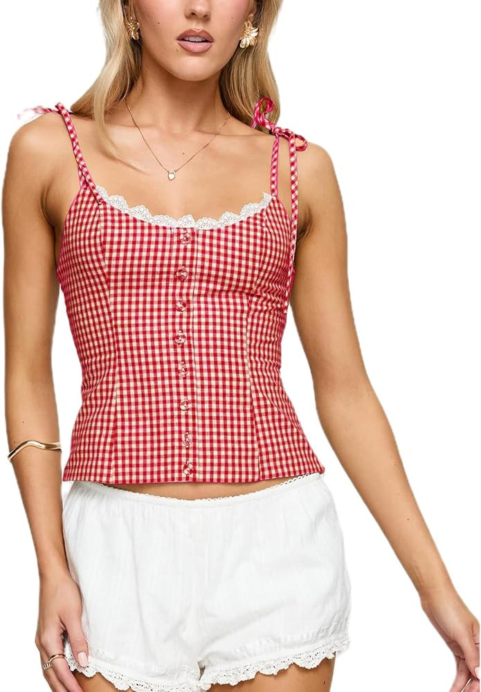 Women Y2K Gingham Plaid Tank Top Lace Trim Sleeveless V Neck Cami Shirt Button Up Tie Shoulder Sl... | Amazon (US)