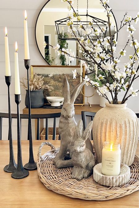 Easter Centerpiece. Follow @farmtotablecreations on Instagram for more inspiration. Wicker Tray. Pottery Barn Vase. Essex Rabbits. Marble Candle Tray. Candlesticks. Cherry Blossom Stems  

#LTKSeasonal #LTKunder50 #LTKhome