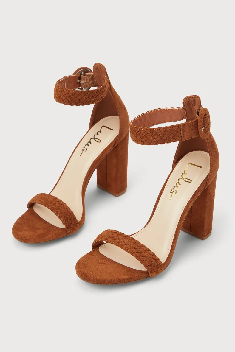 Dahliaa Toffee Suede Woven Ankle Strap High Heel Sandals | Lulus (US)