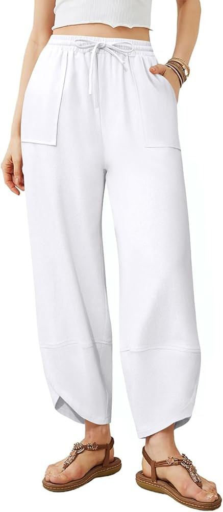 Womens Barrel Harem Linen Pants Wide Leg Pants Baggy Sweatpants Palazzo Drawstring Elastic Waist ... | Amazon (US)
