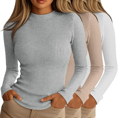 Riyiper 3 Pack Women's Ribbed Shirts, Mock Turtleneck Long Sleeve Tops Slim Fitted Undershirts Ca... | Amazon (US)