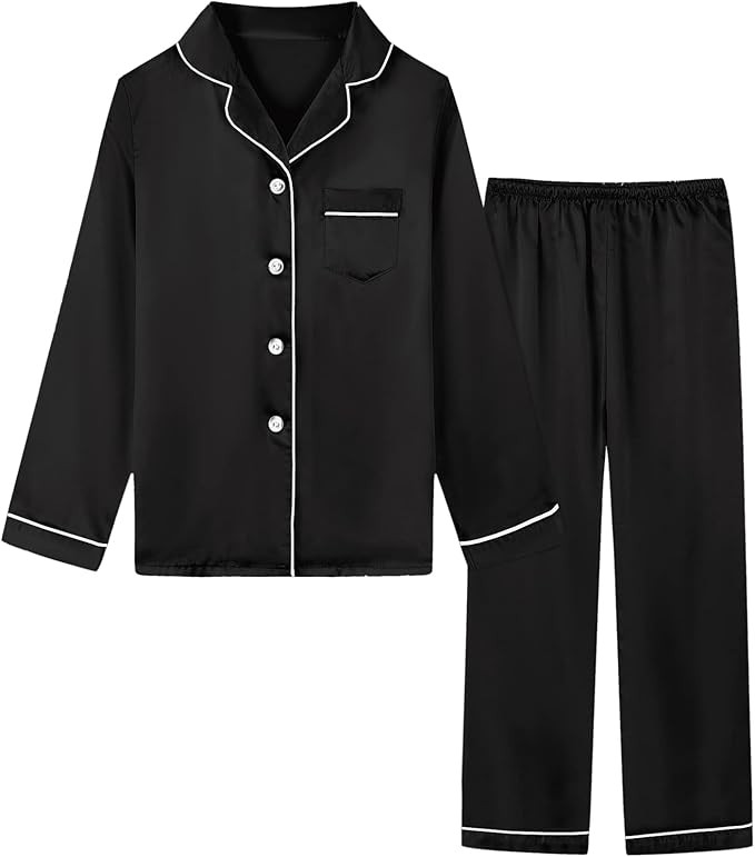 Schbbbta Girls & Women Satin Pajamas Set, 2Piece Silk Nightwear Button-Down Sleepwear for Teen Ki... | Amazon (US)