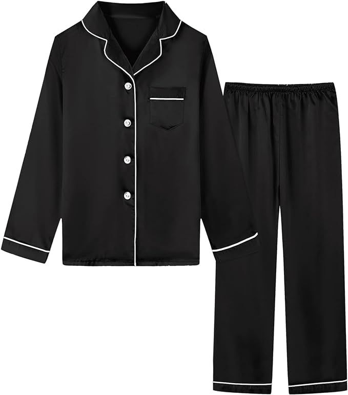 Schbbbta Girls & Women Satin Pajamas Set, 2Piece Silk Nightwear Button-Down Sleepwear for Teen Ki... | Amazon (US)