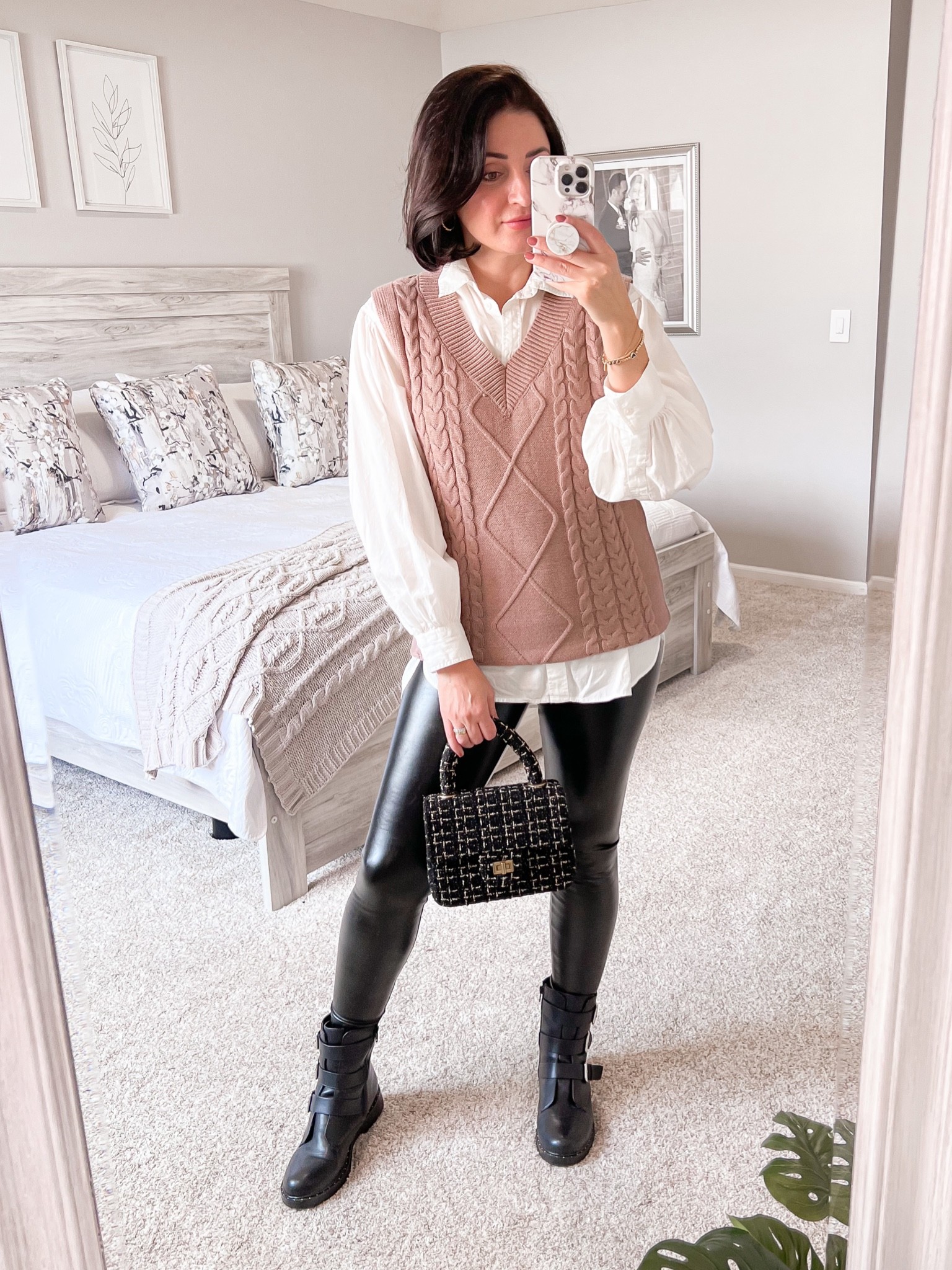 Date night outfit, fall outfit, winter outfit, leather leggings outfit, sweater vest, knit vest, 
#leatherleggings #vest #booties #handbag 
#amazon #amazonfashion #shein #sheinfinds 

#LTKshoecrush #LTKHoliday #LTKitbag