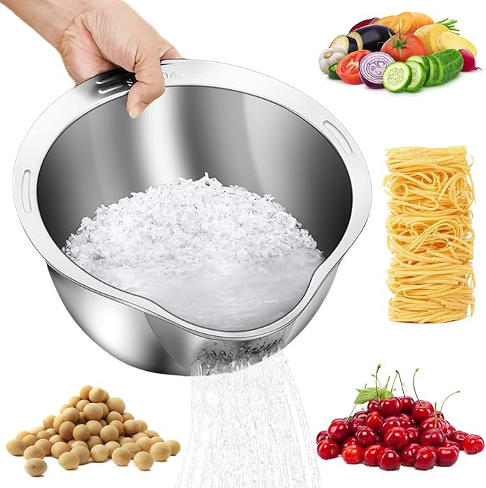 Rice Washer Strainer Bowl - 4-in-1 Washing Bowl for Quinoa, Stainless Steel Rinser With Side Drai... | Amazon (US)