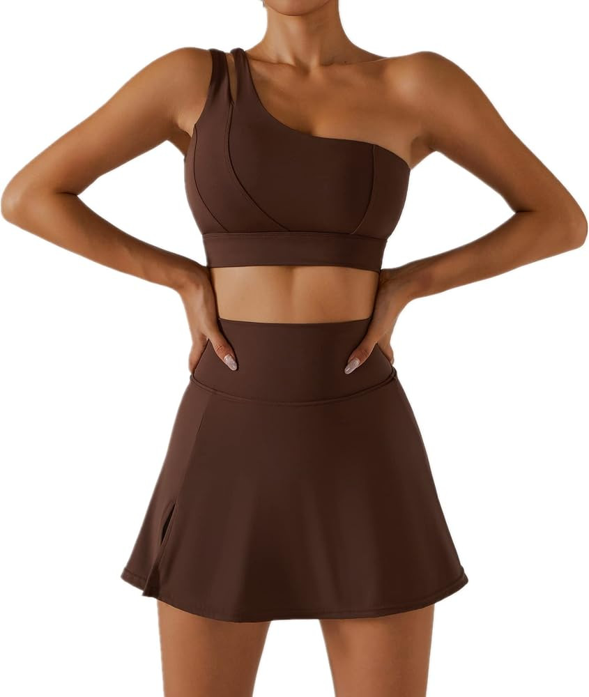 Women's Tennis Skirts Sport Bra Sets High Waisted Golf Skorts Skirt One Shoulder Sports Bra Runni... | Amazon (US)