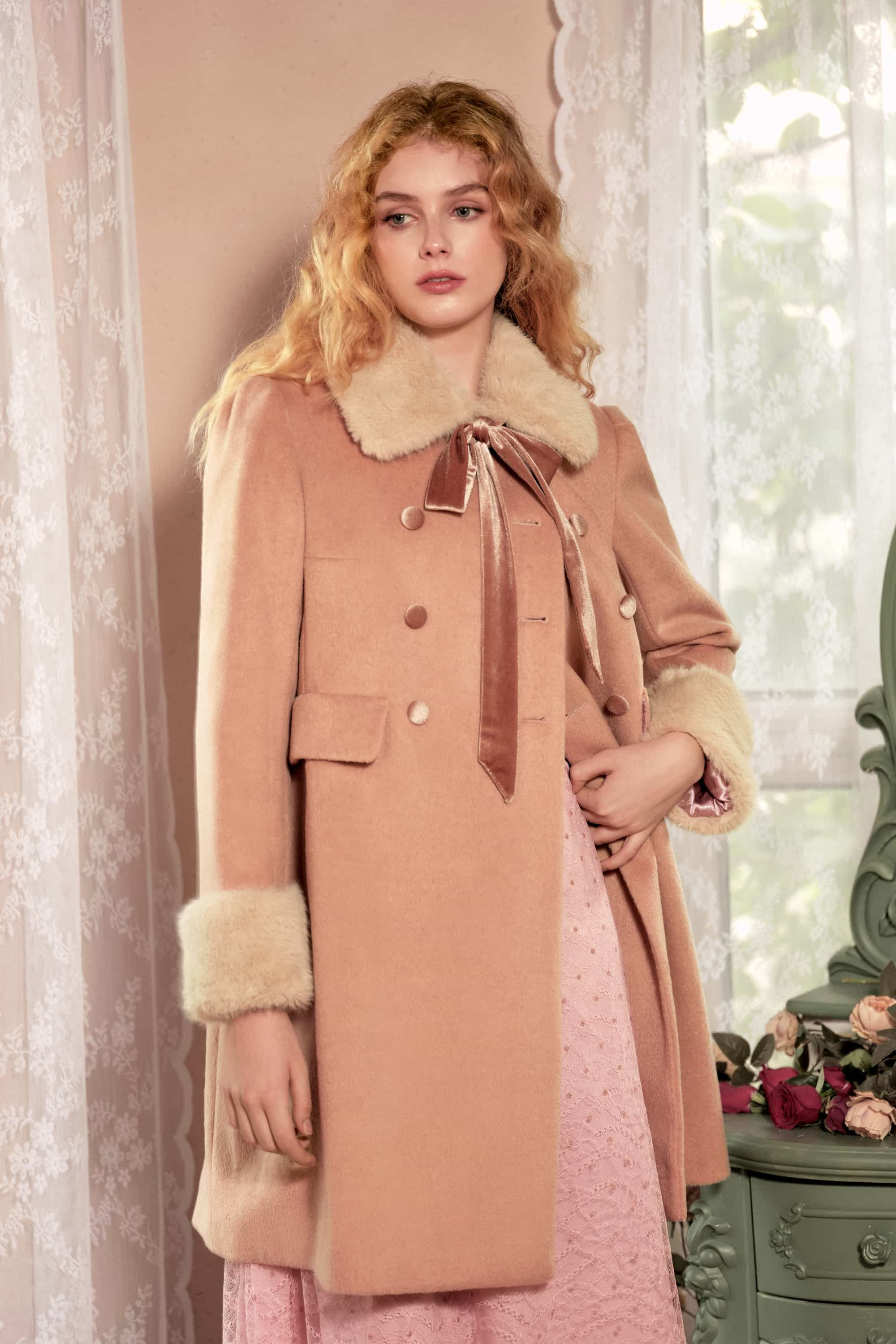Naya Lapel Bow Coat with Fur Collar | American Heiress