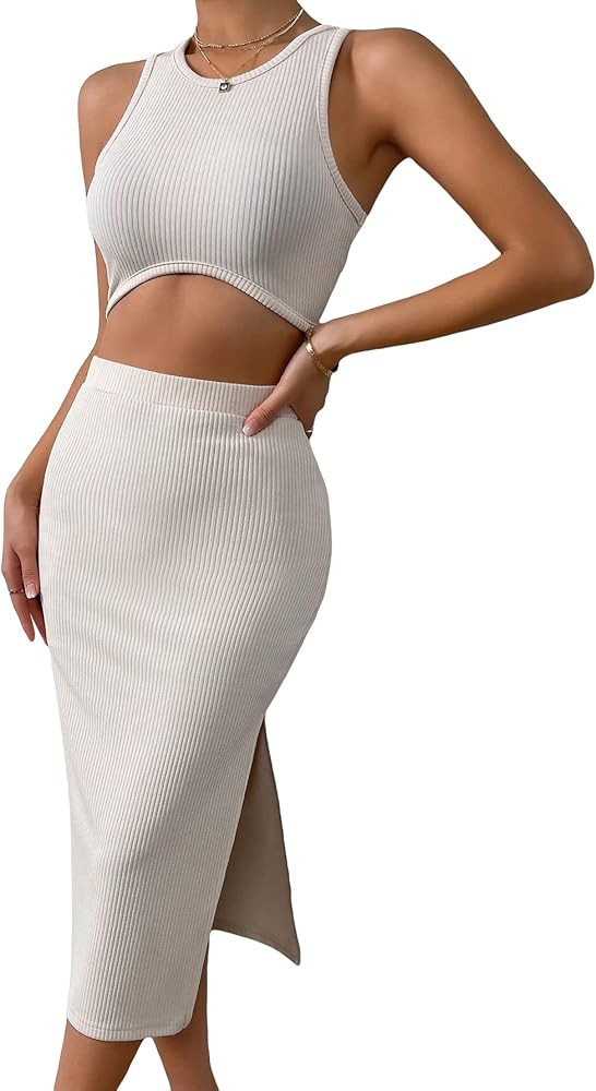COZYEASE Women's Solid Ribbed Knit Bodycon Crop Tank Top with Split Thigh Midi Skirt | Amazon (US)