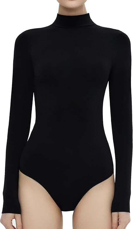 Freehut Women's Bodysuit Long Sleeve Mock Turtle High Neck Thong Buttery Soft Top Pure Seamless C... | Amazon (US)