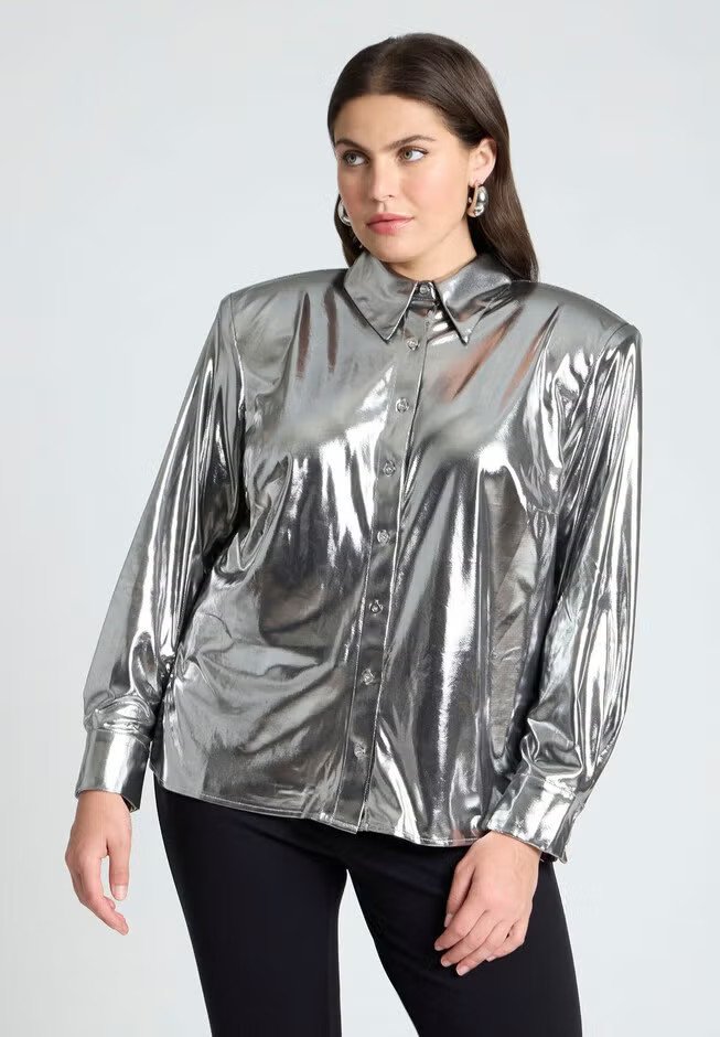 Metallic Button Up Top With Shoulder Pad | Eloquii