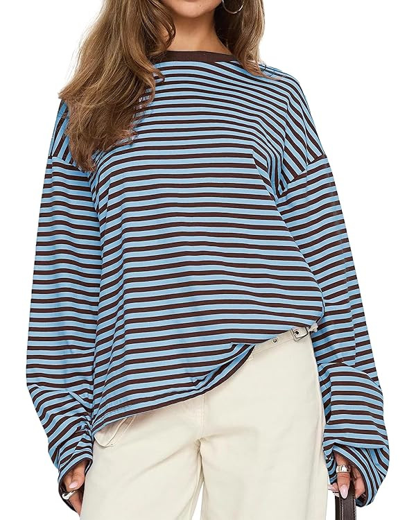 CHYRII Women Oversized Striped Long Sleeve T Shirt Fashion 2026 Crewneck Casual Fall Spring Tops ... | Amazon (US)
