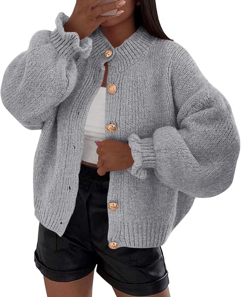 PRETTYGARDEN Womens Cropped Cardigans Trendy 2025 Ruffle Open Front Chunky Knit Sweater Oversized... | Amazon (US)