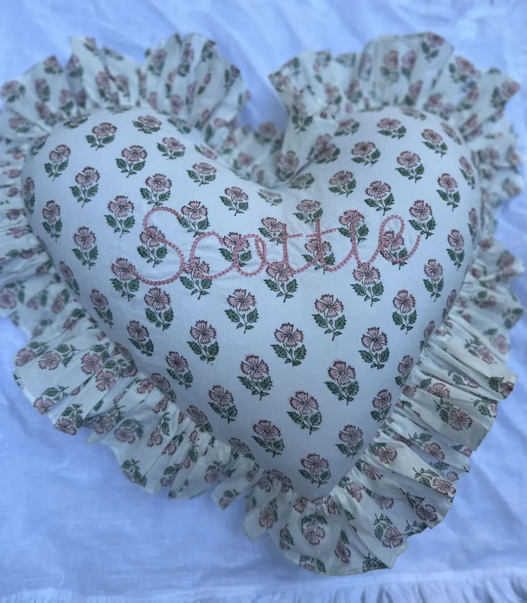 Embroidered Pink Floral Blockprint Ruffle Heart Cushion | Etsy (US)
