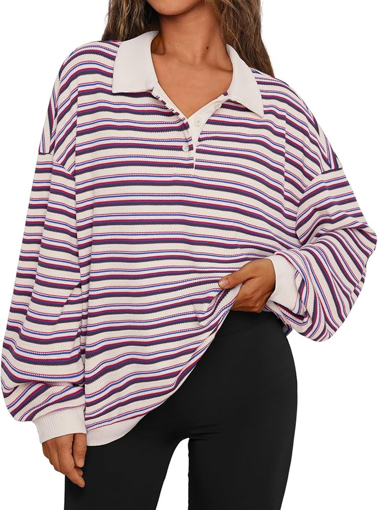 Trendy Queen Women's Oversized Striped Polo Sweatshirt | Amazon (US)