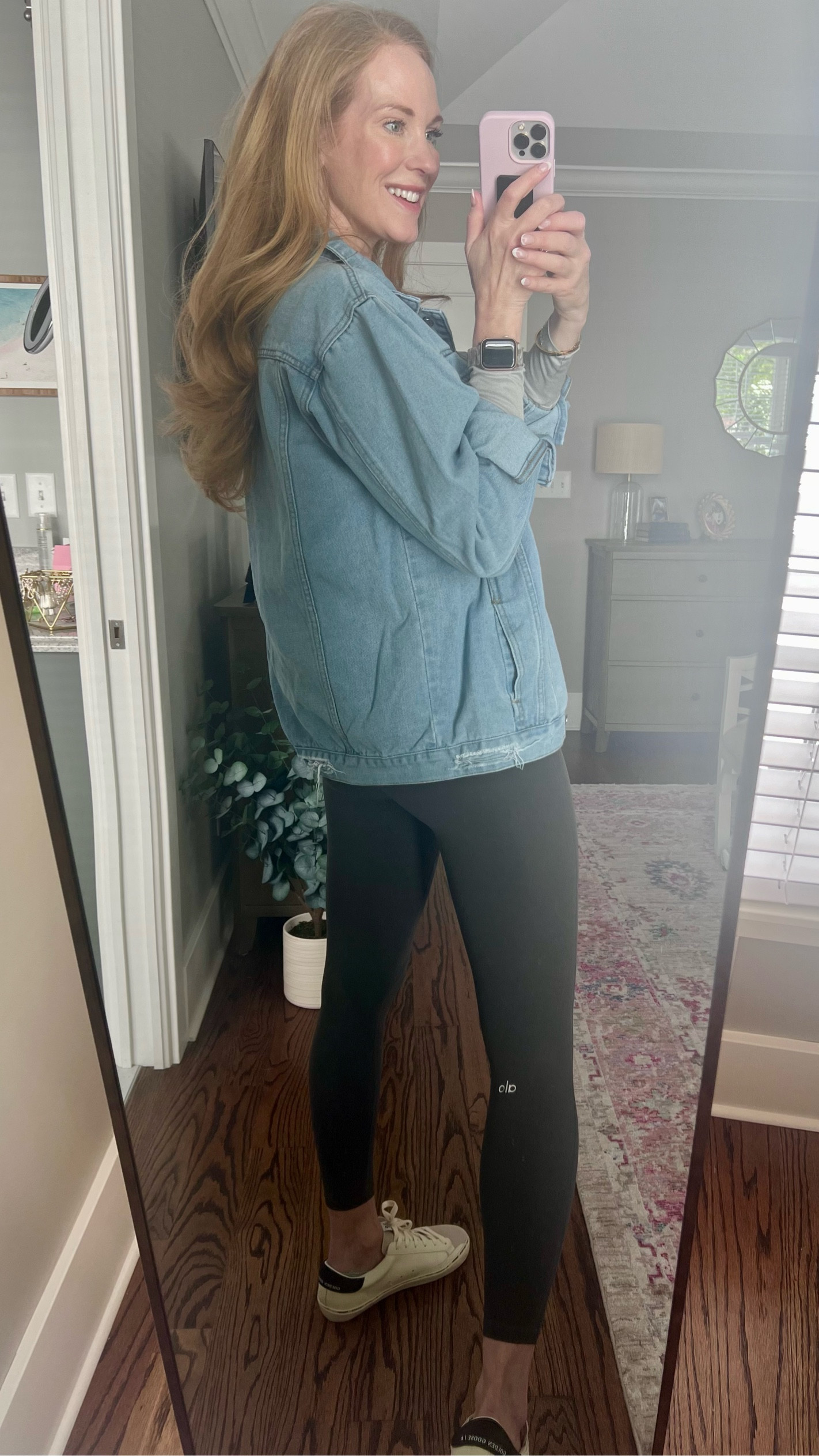 Soccer mom fit check! ⚽️
Alo leggings are the softest and amazing high waist! And I’m loving this oversized jean jacket with anything for spring. New Golden Goose kicks make me happy too! 

#LTKshoecrush #LTKActive #LTKover40