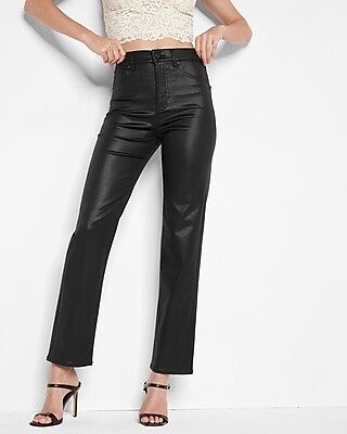 Super High Waisted Black Coated Modern Straight Pant | Express