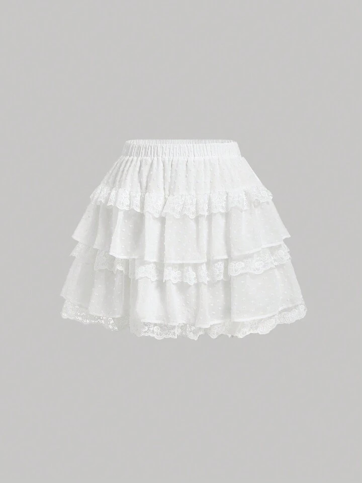 SHEIN MOD Plus Size White Sweet Lace Trim Fluffy Skirt,Spring Outfits | SHEIN