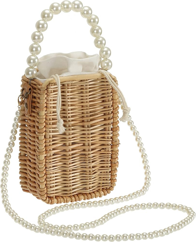 IN.RHAN Women's Handbag Rectangle Artificial Pearl Handle Straw Rattan Purse Shoulder Bag | Amazon (US)