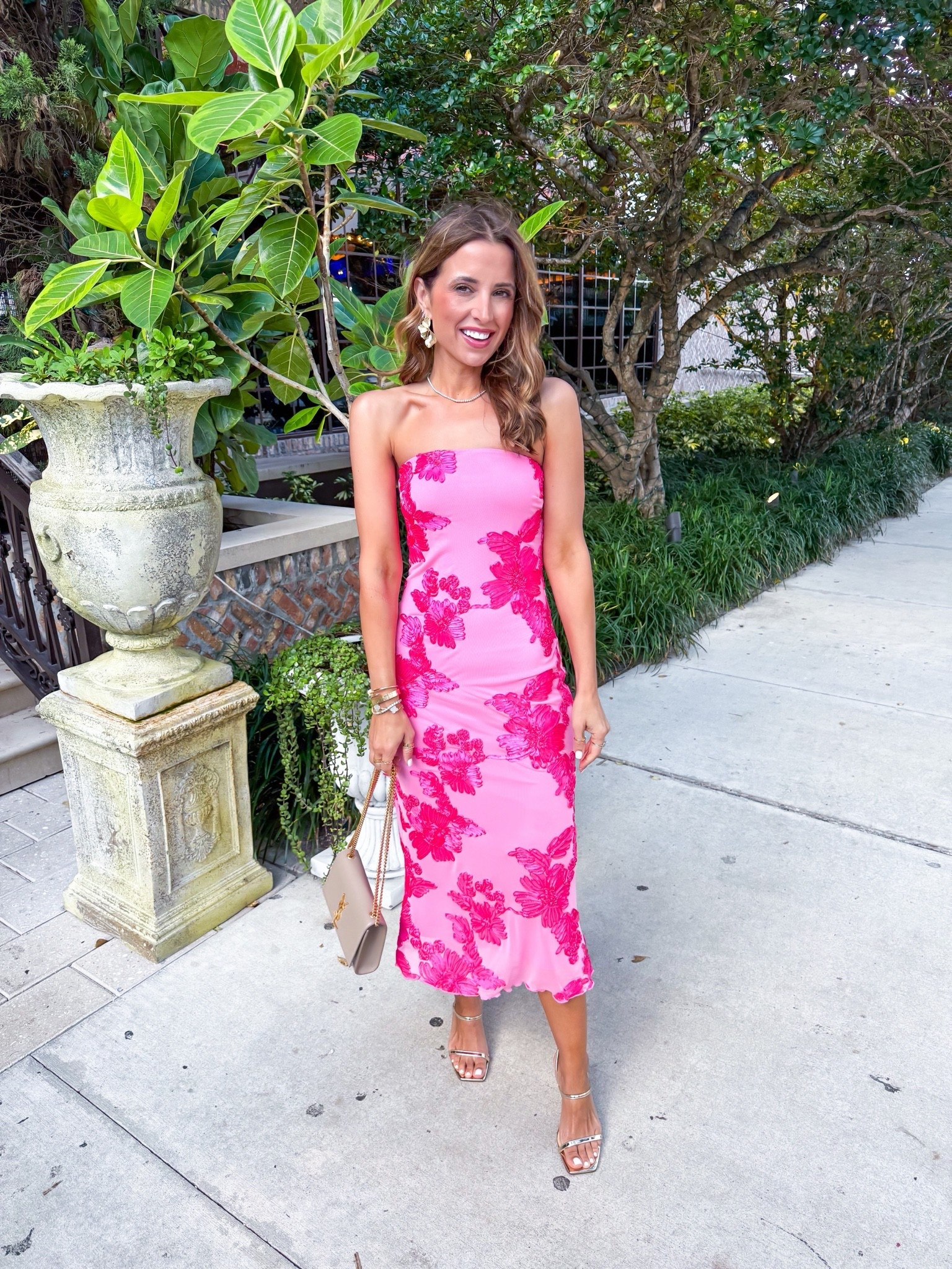 My Palm Beach dinner outfit in XS. Wedding guest dress. Spring wedding guest. Summer wedding guest. Cocktail dress. Vacation outfit. Vacation dress. Party dress. Gold heels are TTS. YSL Kate purse. 

#LTKWedding #LTKootd #LTKTravel
