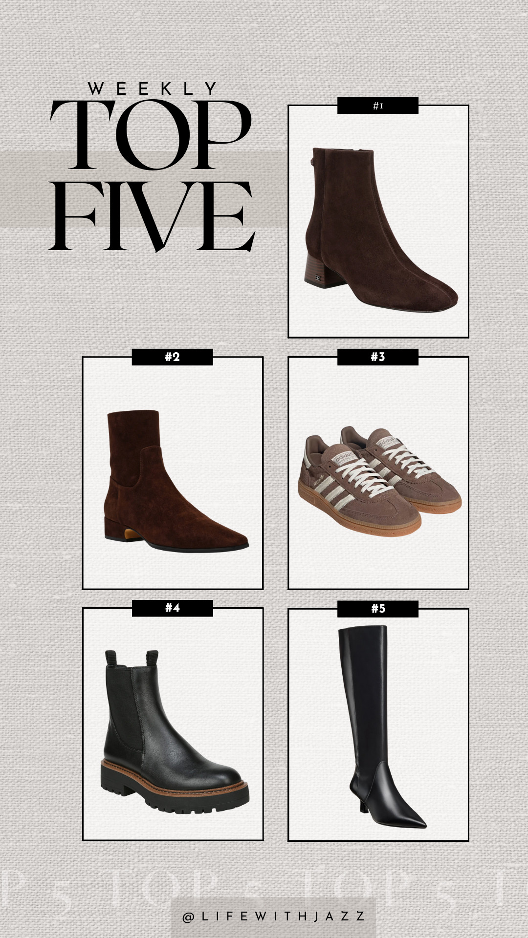 this week's top 5: 

1. Sam Edelman Paige booties -- available in several colors
2. Steve Madden Dusty low-heeled booties -- so comfortable! walked 10k steps in these while on my NY trip 
3. Adidas handball spezial sneakers -- comfortable everyday shoes, comes in several colors, found a few colors available for under $70 at Nordstrom Rack! 
4. Sam Edelman waterproof lug sole boots -- the best & elevated boots, I've also walked all day in these, super comfortable, almost all other colors are on sale
5. Stuart Weitzman knee high leather boots -- I have a similar pair I bought years ago 

 #LTKSeasonal