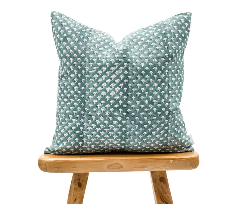 Designer Floral Indigo Blue on Natural Linen Pillow Cover, Teal Blue Pillow cover, Boho Pillow, D... | Etsy (US)