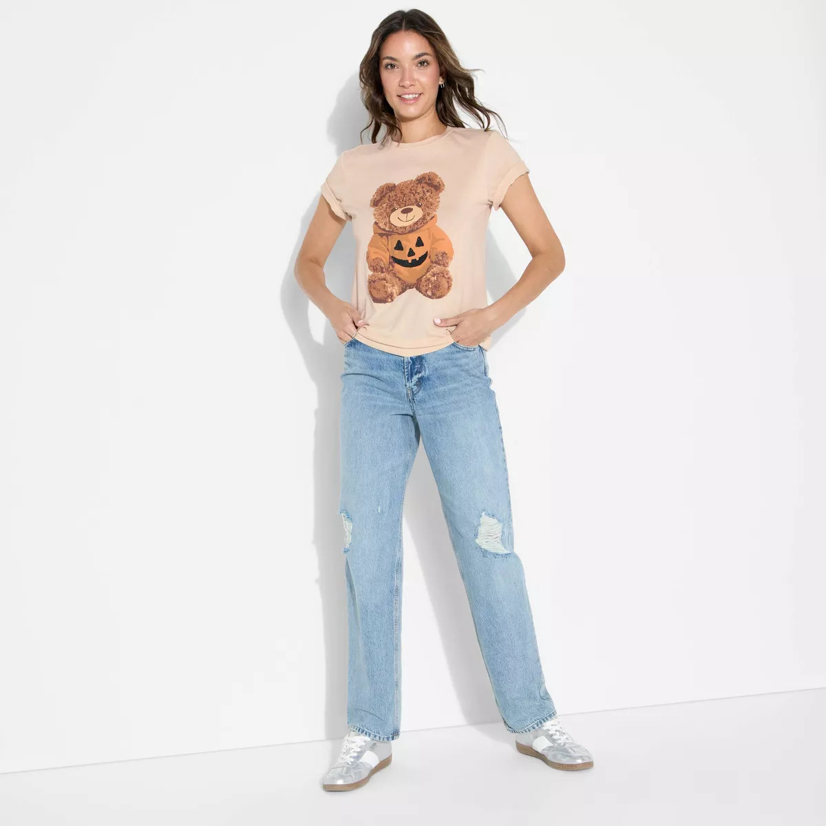 Women's Teddy Bear Pumpkin Short Sleeve Graphic Boyfriend T-Shirt - Beige XXS | Target