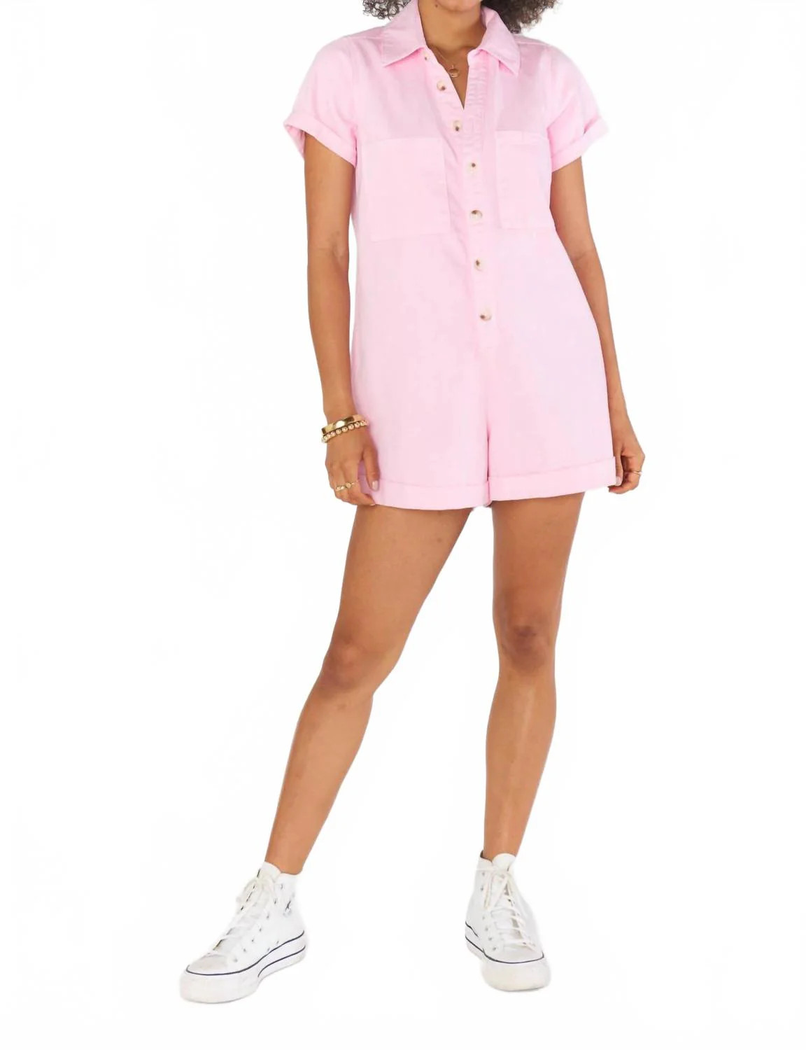 Range Romper In Candy Pink Denim | Shop Simon