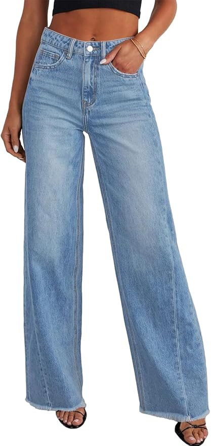 Sidefeel Women's Wide Leg Jeans High Waisted Stretchy Raw Hem Zimbaplatinum Denim Pants | Amazon (US)