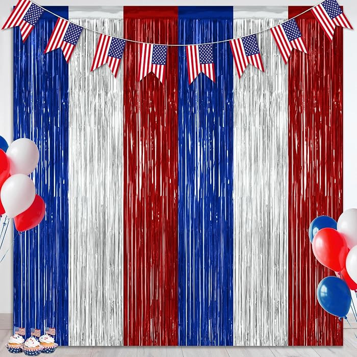 2 Pack 4th of July Decorations, 3.28 FT x 7.05 FT 250 Anniversary Tinsel Backdrop, Red Silver Blu... | Amazon (US)
