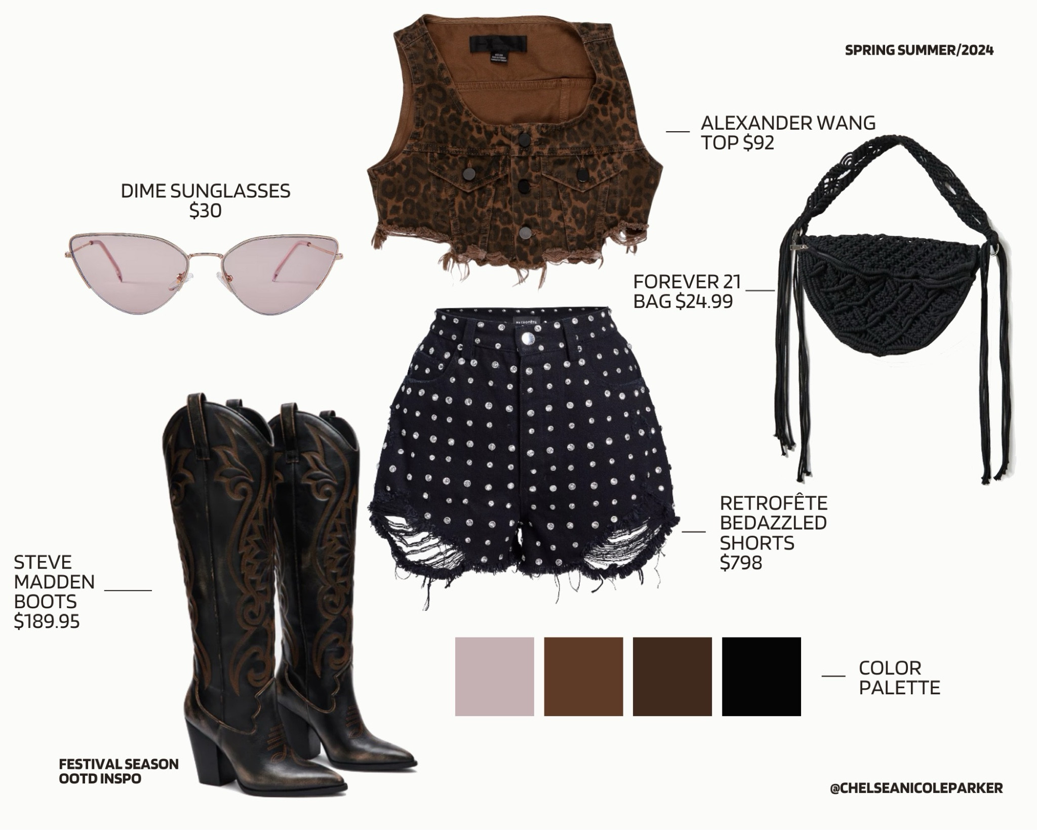 The Real Real Alexander Wang Crop Top Leopard Cheetah Animal Print Button Vest + Retrofete Bedazzled Black Denim Shorts + Forever 21 Black Crochet Bag + Dime Lavender Sunglasses + Steve Madden Brown Black Cowboy Boots - Music Festival / Coachella / Stagecoach / Country Concert Outfit

#LTKFestival #LTKfindsunder50 #LTKfindsunder100