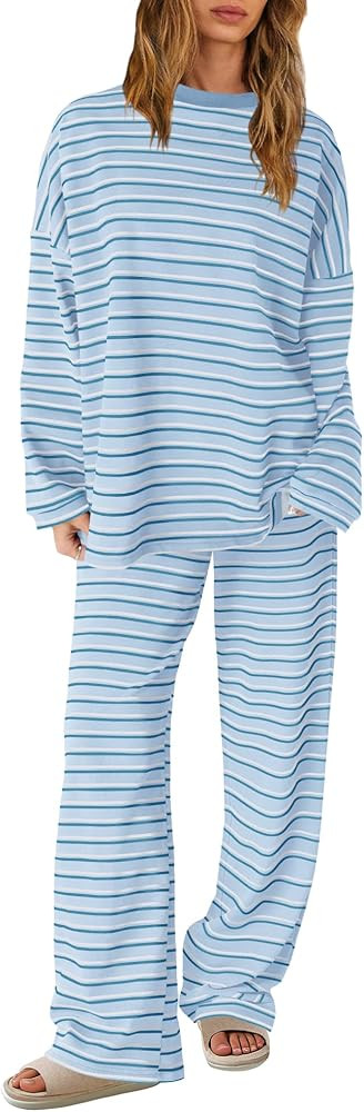 SENSERISE Womens Striped Lounge Set 2 Piece Outfits Striped Long Sleeve Shirt Wide Leg Pants Paja... | Amazon (US)
