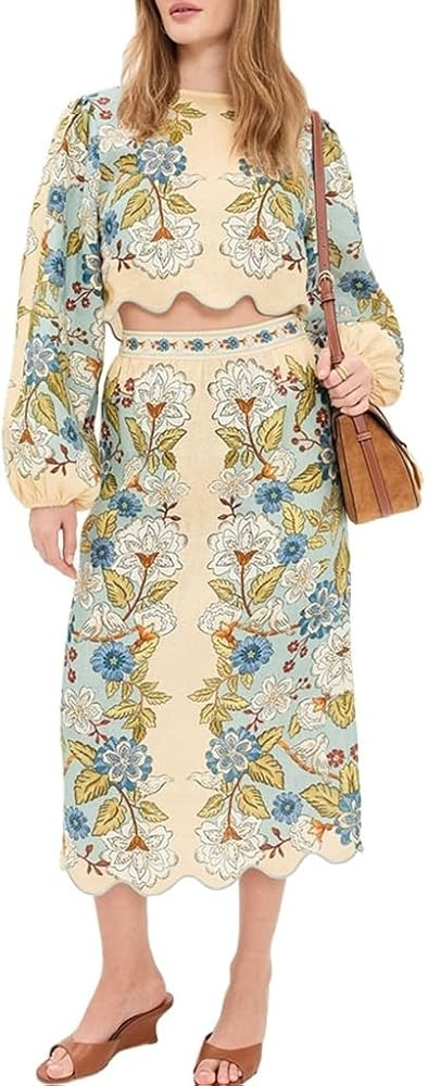 THLAI Women 2 Piece Skirt Sets Floral Print Bishop Sleeve Crop Top and Midi Skirt Summer Vacation... | Amazon (US)