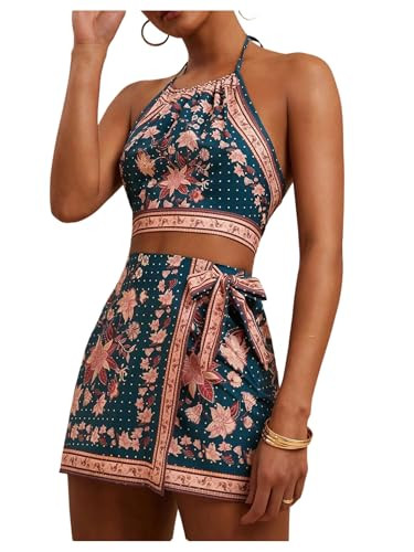 MakeMeChic Women's Boho 2 Piece Outfit Halter Backless Crop Tops and Wrap Skirt Skorts Travel Vac... | Amazon (US)