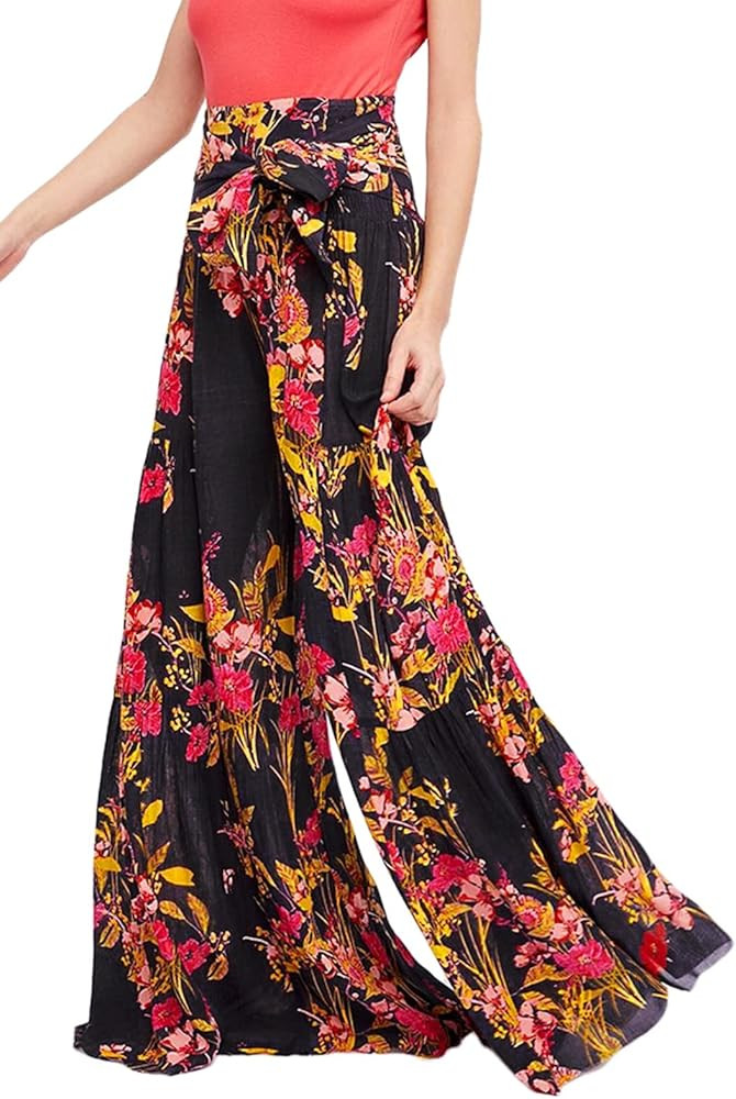 Timemory Womens Wide Leg Palazzo Pants Summer Loose Casual Beach Boho Floral Printed Bohemian Bel... | Amazon (US)