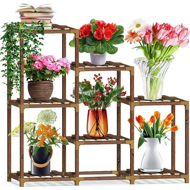 PHANCIR Plant Stand Indoor Outdoor, 7 Pots wood plant flower Shelf Tall Plant Stands for Multiple... | Walmart (US)