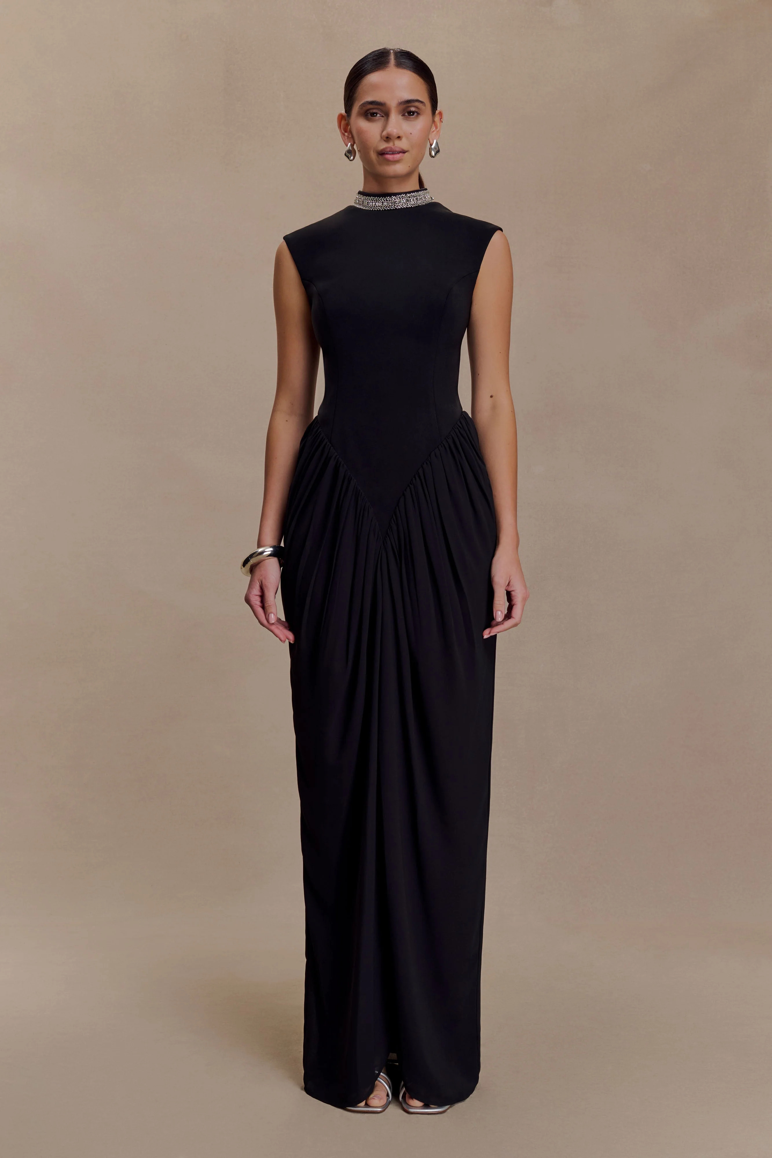 Elisa Diamante Neck Maxi Dress - Black | MESHKI US