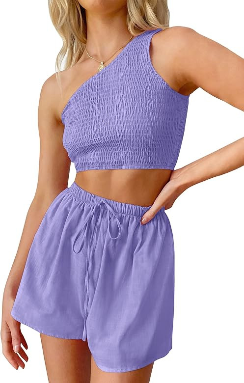 ZESICA Women's Summer Casual 2 Piece Outfits One Shoulder Smocked Crop Top and High Waist Shorts ... | Amazon (US)